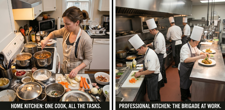 Same meal, two kitchens: a chaotic home kitchen on the left and an organized professional brigade on the right