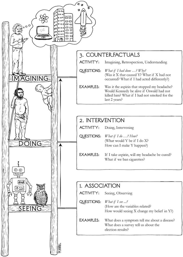 Pearl's Causal Ladder - three rungs of causal reasoning: association, intervention, and counterfactual